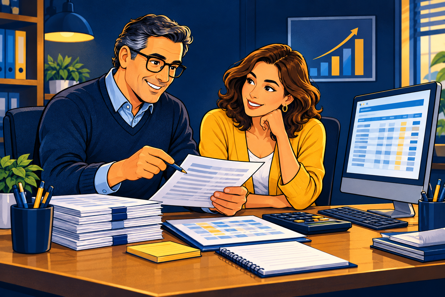 Ilustración de un asesor y una empresaria revisando remuneraciones